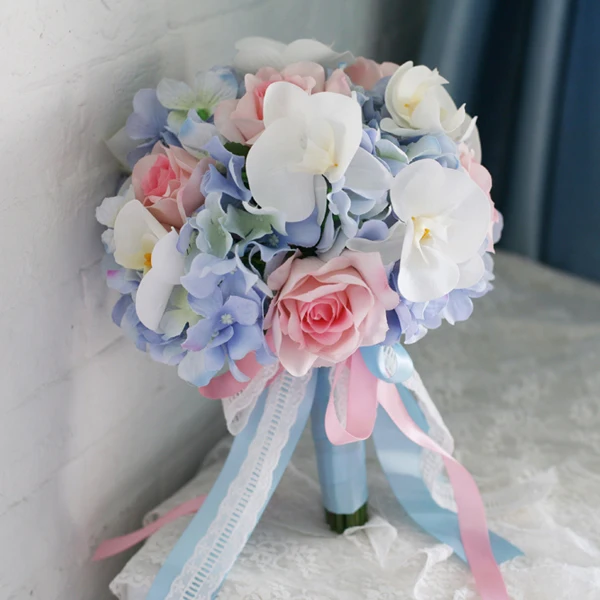 High Simulation Fabric Flowers Bridal Bridesmaids Bouquet Pink High Simulation Fabric Flowers Bridal Bridesmaids Bouquet Pink Roses Blue Hydrangea Outdoor Theme Wedding Photography Prop In Artificial Dried