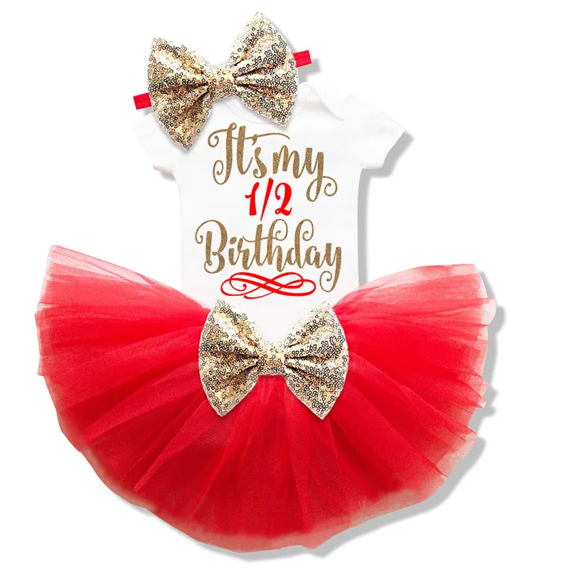 Одежда для новорожденных девочек одежда для первого дня рождения для маленьких девочек детское платье для дня рождения для девочек, Детский карнавальный костюм детская одежда, 12 месяцев - Цвет: Red Half