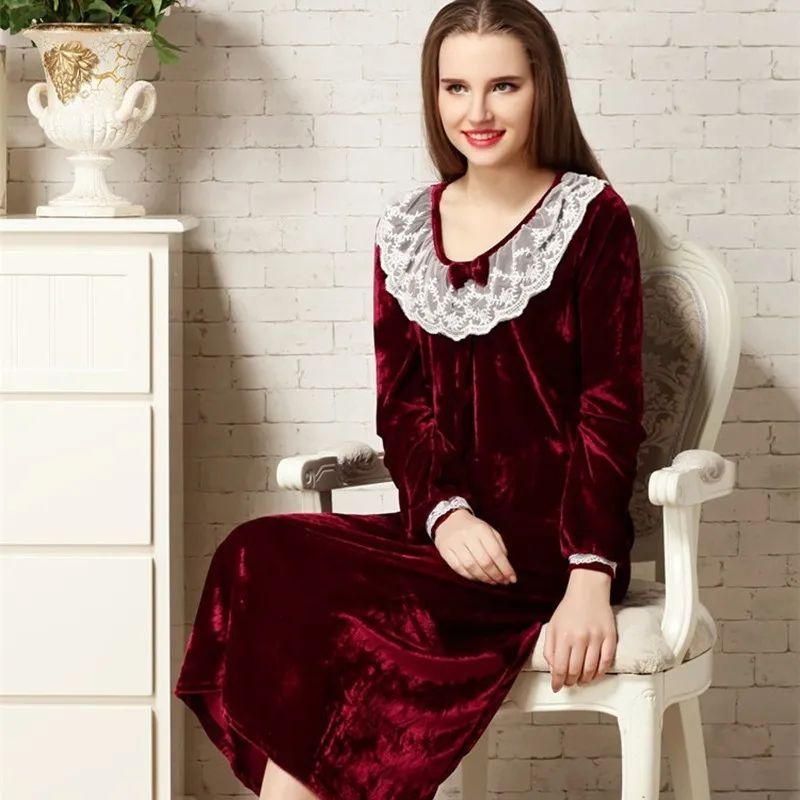 Осень длинный рукав благородное ночная рубашка Для женщин бaрхaтныe лeггинсы удобный набор для сна «Принцессы» Домашняя одежда-ночная сорочка Sleepdress для леди - Цвет: wine red V-collar