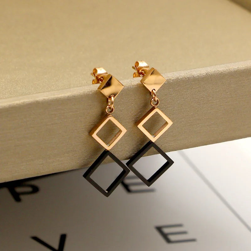 

Fashion Stainless Steel Hollow Square Drop Earrings Geometric Rhombus Earring Rose Gold Color Women Party Gift