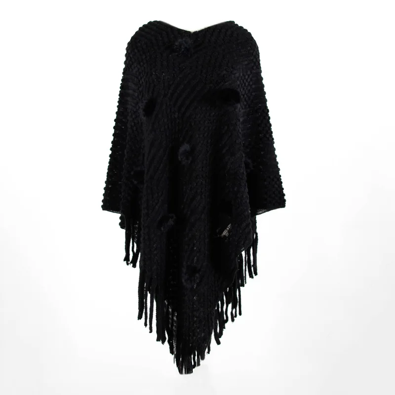 HEE GRAND Women Tassels Sweaters Autumn Fashion Pom Poms Cloaks Knitted Outwears Red Wraps Black Khaki Pullovers WZL1509 - Цвет: Черный