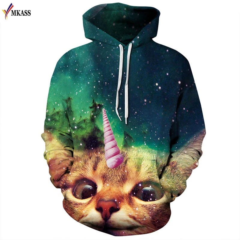 2017 New Casual Mens Hooded Hoodies Print Unicorn Cat Hoody 3d Printed Sweatshirts Unisex Pullovers