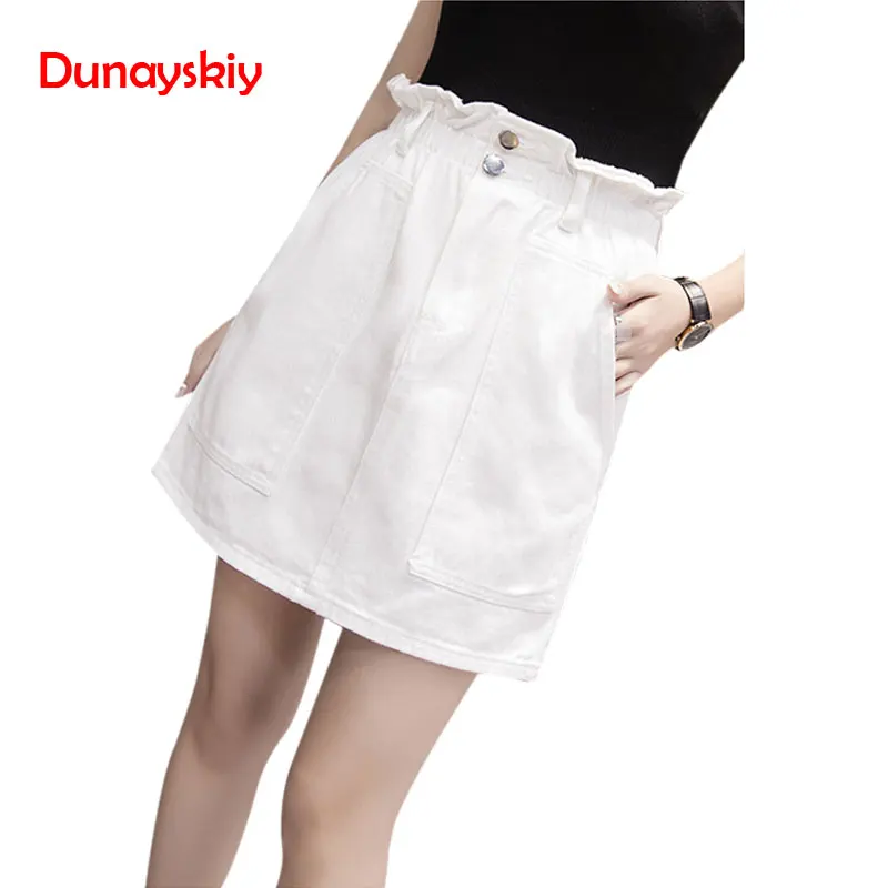 

Large Size Ruffles Elastic-Waist Denim Skirt Solid Color Mini Saia Sexy Short A-Line Skirts Feminino Kawaii Jupe Femme