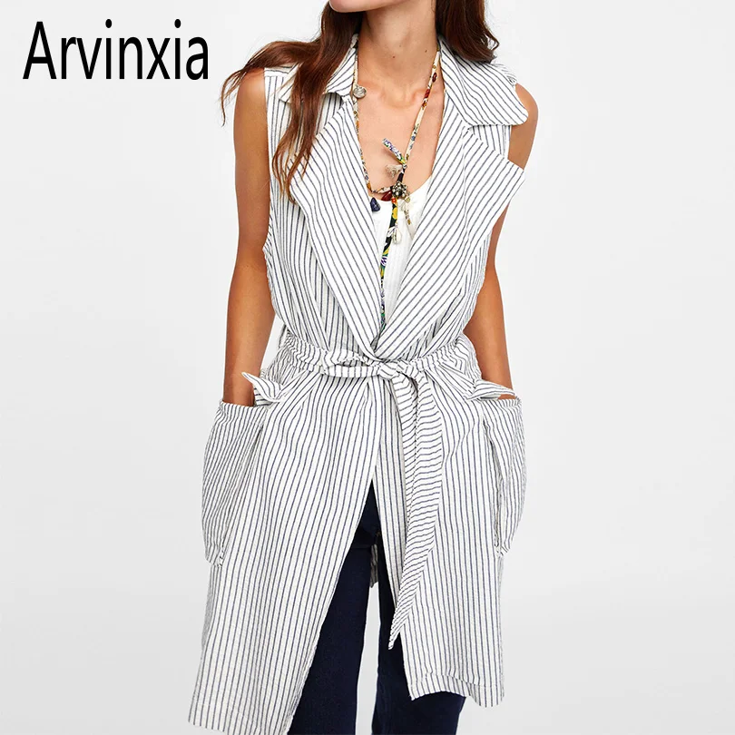 

Arvinxia ZA Fashion Vertical Striped Woman Long Blouse Sexy Sleeveless Lace Up Lady Long Shirt New Chic Big Size Women Cardigans