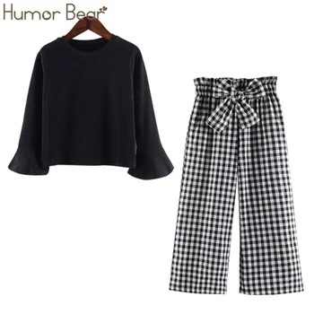 

Humor Bear Autumn Spring 2019 New Fashion Girls Clothing Suit Bell Long-Sleeved + BowPlaid Wide Leg Pants 2pcs Children Clothing