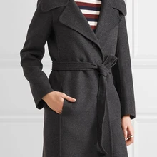 UK Осень Зима Женское простое классическое серое шерстяное длинное пальто с поясом женский халат Верхняя одежда manteau femme abrigos mujer