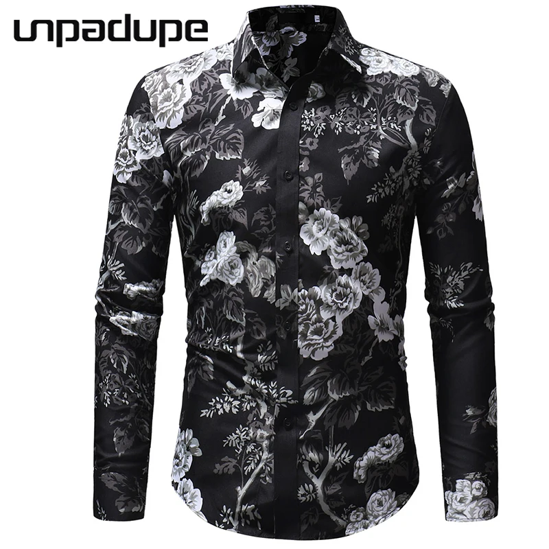 Shirt Men New Brand 2018 Men Shirt Flower Dress Shirt Long Sleeve Slim Fit Camisa Masculina Casual Male Hawaiian Shirts M-3XL