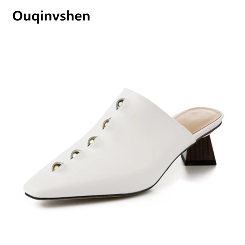 

Ouqinvshen Cow Leather Mules High Heels Mixed Colors Strange Style Outdoor Sexy Women Shoes 2019 Square Toe Summer Slippers