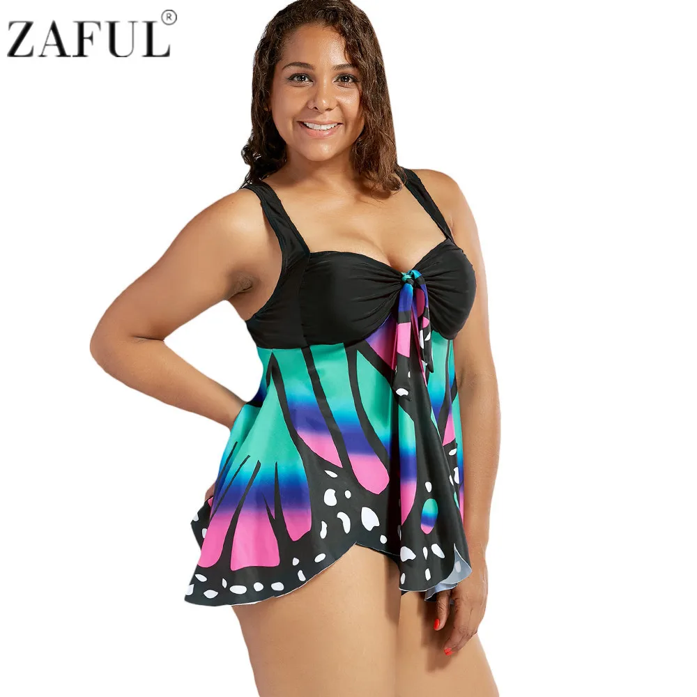 ZAFUL Plus Size Swimwear Women Butterfly Print Blouson Tankini