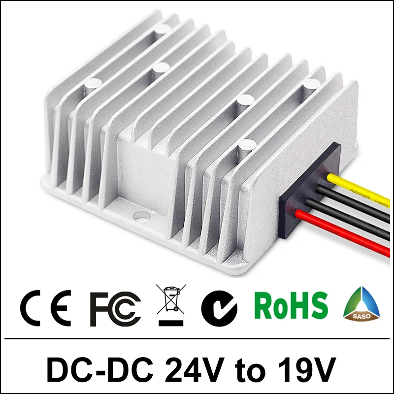 

Power Supply Converter DC/DC Step-down 24V to 19V 10A Waterproof Control Car Module Low Heat Auto Protection Size 74*74*32mm