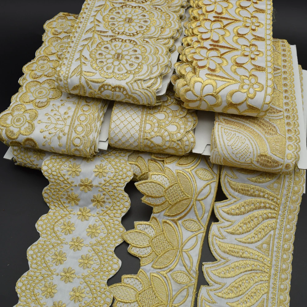 5Yards White Fabric Lace Trim With Gold Floral Embroidery African lace