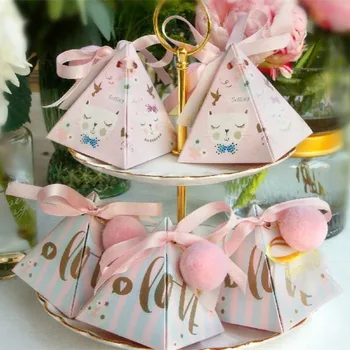 

free shipping lovely animal two sides printting Pyramid paper party sweet boxes with ribbon pink ball tag , SZZP3