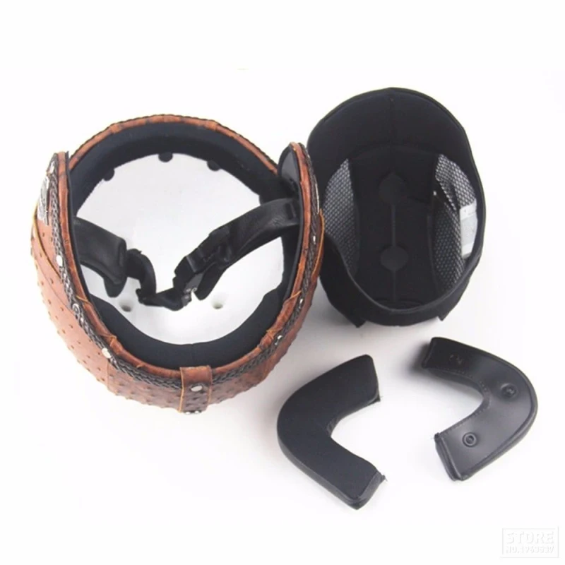 Vintage leather motorcycle motorbike open face helmet 3/4 with face mask