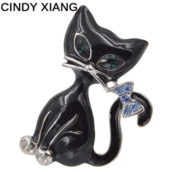 CINDY XIANG Unisex Black Color Enamel Cat Brooches Women Men Brooch Pins Animal Style Jewelry CZ Rhinestone Coat Backpack Badges