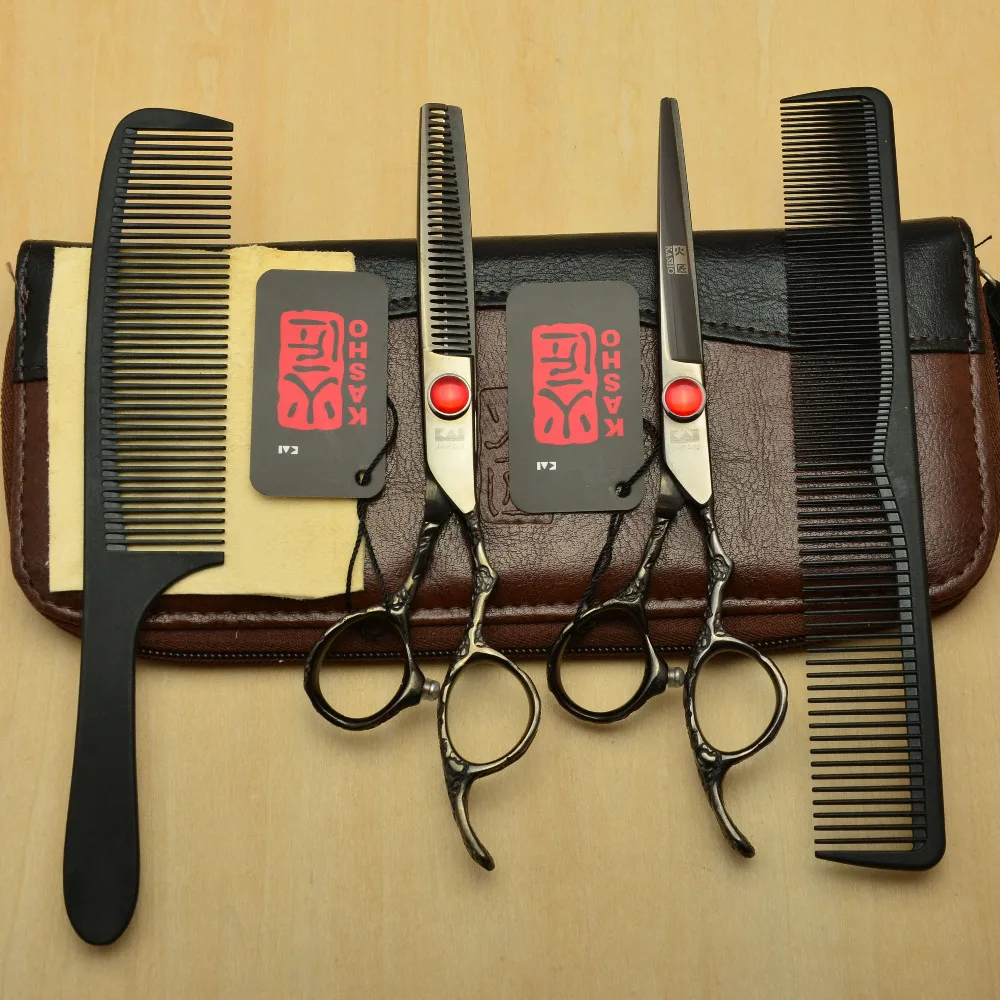 

4Pcs Suit 6.0'' Black Japan Kasho Professional Human Hair Scissors Hairdressing Cutting Combs + Shears + Thinning Scissors H9002