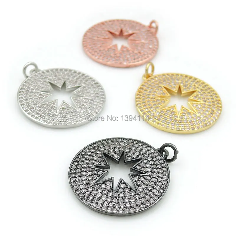 

24*24*2mm Micro Pave Clear CZ Round Charm With Hollow Octagram Fit For Making DIY Bracelets Or Necklaces Jewelry