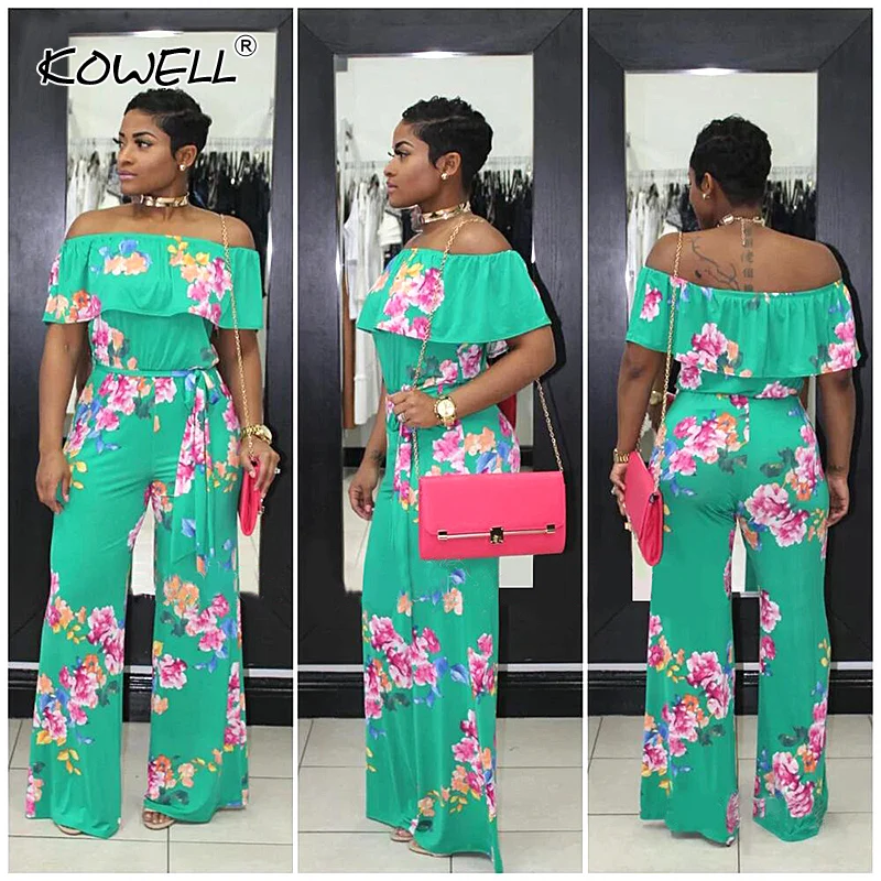 Hot Sale Bohemian Palm Print Lace Up Jumpsuits&Rompers Off Shoulder Plus Size Women Jumpsuit Summer Beach Sexy Jumpsuit Overalls