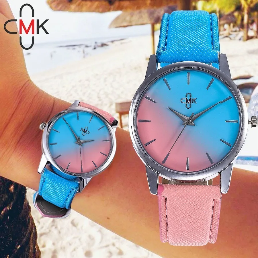 

CMK Brand Fashion Women Retro Gradient Rainbow Watches Leather Ladies Quartz Dress Wristwatches Relogio Feminino Dropshipping