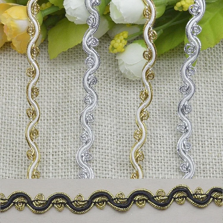 Nuovo Arrivo 0.9 Cm 30 M/Lotto Oro Argento Nero Decorazione Di Diy Poliestere Lace Trim Nastri Moda S-Forma Pizzo Taglio W026
