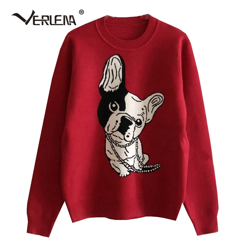 Oneck Animal Cute Dog Pattern Wine Red Sweater Women Fashion Verlena