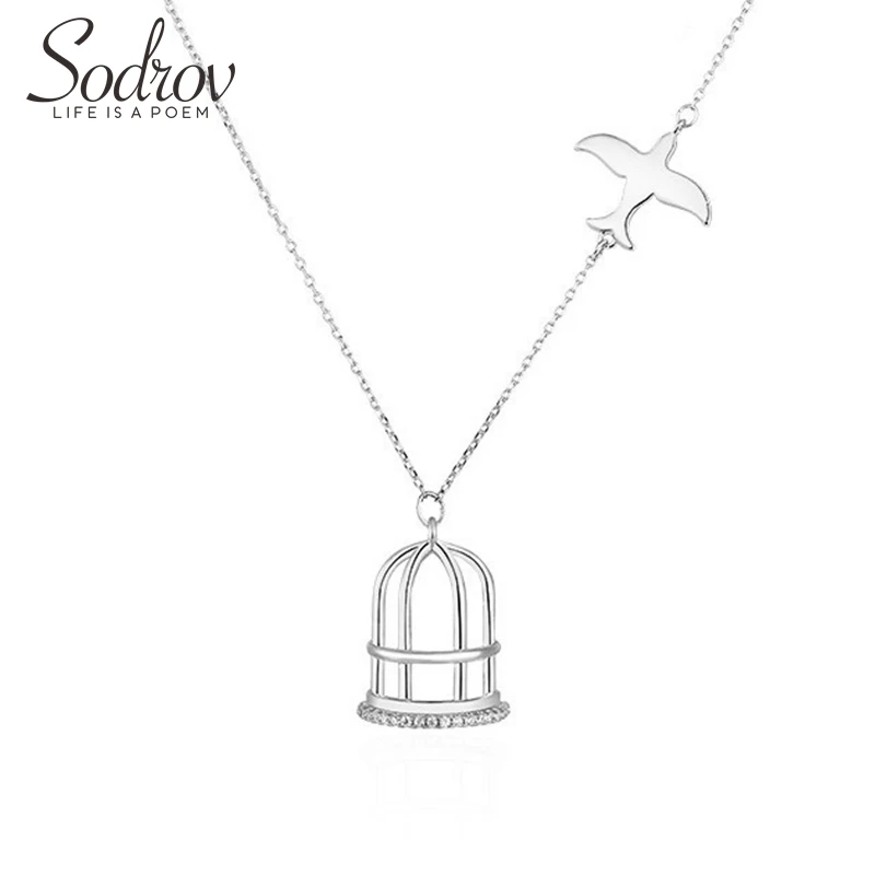 

SODROV Bird&Cage Necklace Pendant collier silver jewelry Female Jewelry HN031 kolye collares