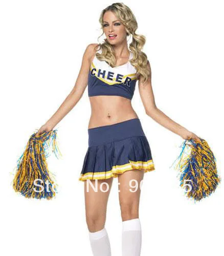 F72 Cheerleader Sports Uniform School Girl Fancy Dress Costume Outfit Pom Poms 