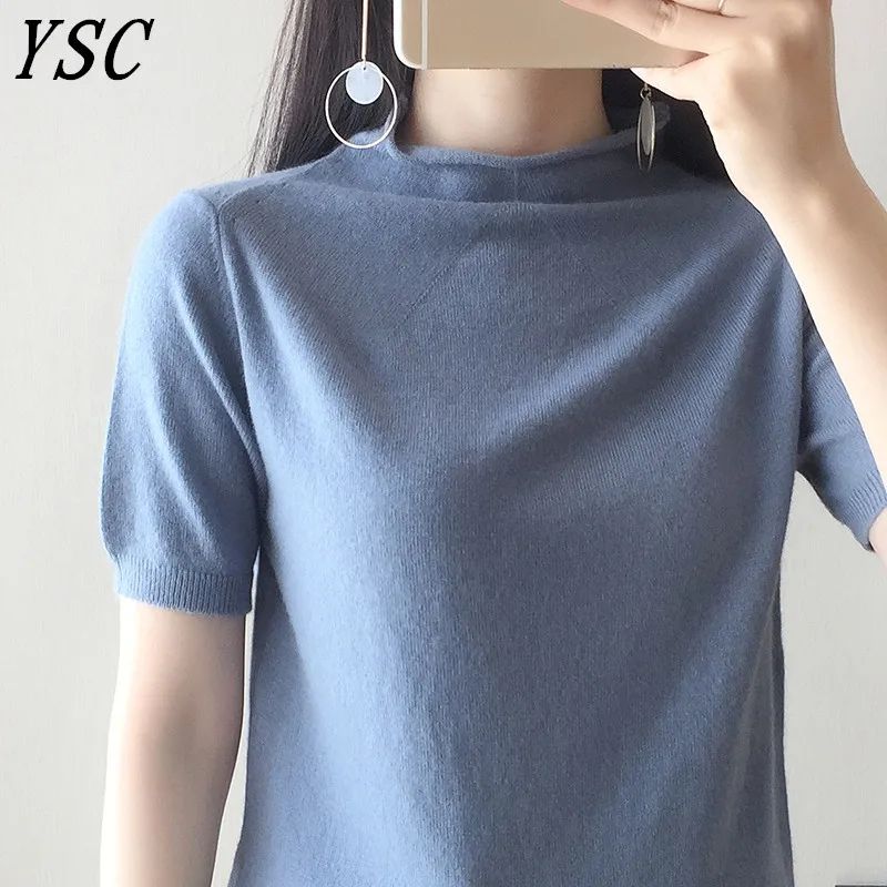 

YUNSHUCLOSET 2018 spring Hot Sales Women Cashmere Wool Sweater Coiling collar Solid color half sleeve pullovers Free Shipping