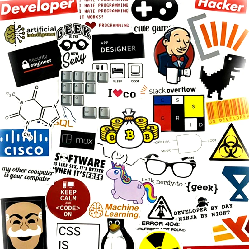 40Pcs/Lot Programming stickers Java JS Php Docker Bitcoin APP Logo Funny Stickers For Laptop Motorcycles Skateboard Car Stickers