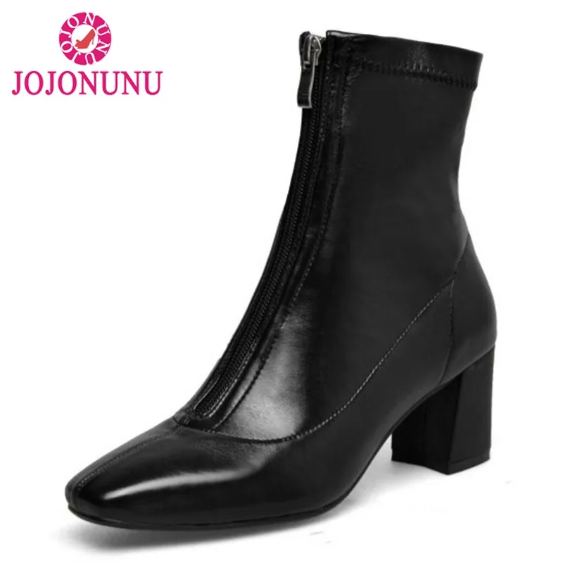 

JOJONUNU Women Half Short Boots High Quality Zipper Square Toe Thick Heels Winter Boots Keep Warm Fashion Shoes Size 34-43