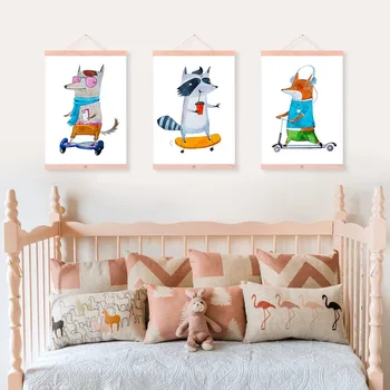 

Kawaii Bear Cartoon Animals Posters Nordic Style Kids Room Decor Watercolor Scroll Wall Art Picture Wood Framed Canvas Painting