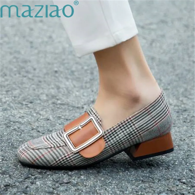 

Women Shoes Square Head Lattice Cloth Square Heel Vintage Single Shoes Temperament Ladies Shoe Casual MAZIAO