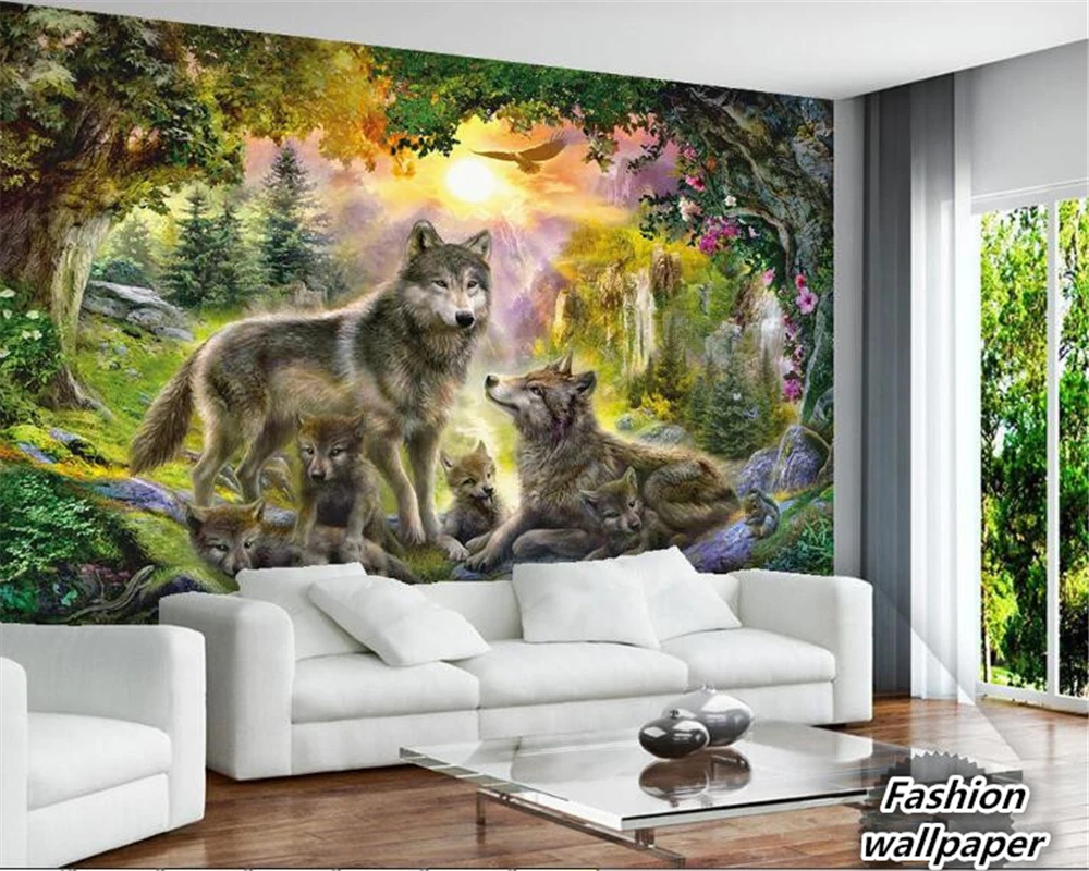 

beibehang papel de parede 3d wallpaper High - end wallpaper sunshine green forest gray wolf wild dog animal landscape painting