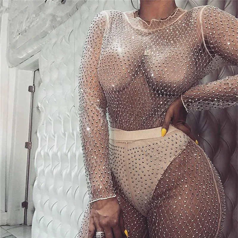 BKLD Mesh Sheer Bodysuit Rompers Womens Jumpsuit Long Sleeve Beading See Through Clubwear Party Bodycon Jumpsuits 2019 Summer sexy sheer mesh jumpsuits women party club outfit overalls summer neon color patchwork long sleeve see through rompers fitness