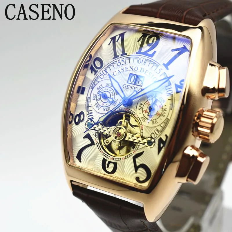 CASENO Tourbillon автоматические механические мужские часы с хронографом и кожаным скелетом, роскошные Брендовые спортивные деловые часы