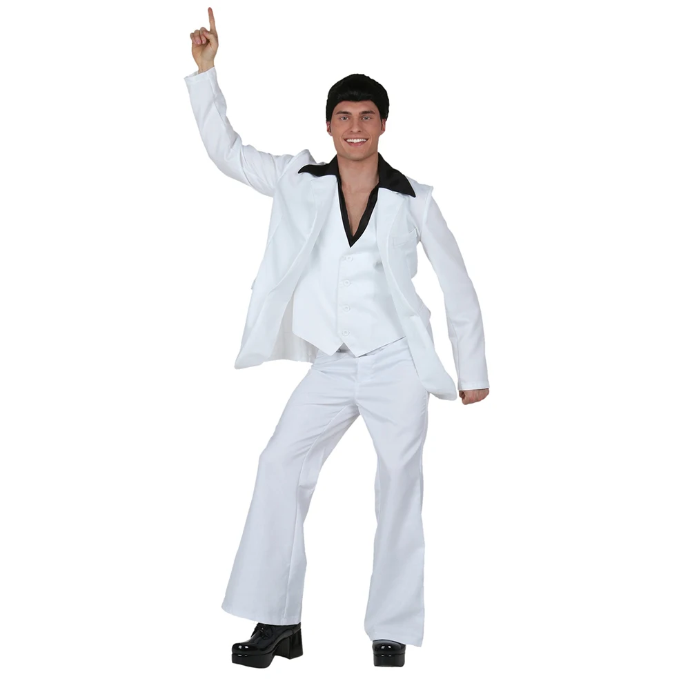 

Mens Adult Elvis The King of Rock Hippie White Outfit 70s 80s Costume Retro Fever Dancer Stagewear Saturday Night Fancy Dress