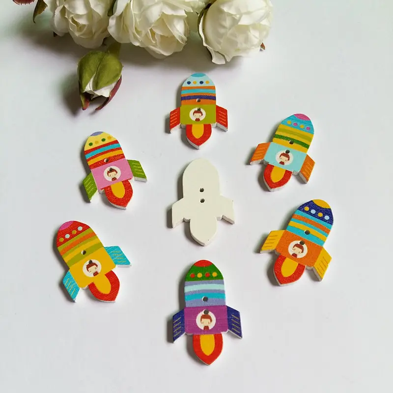 

Retail For Diy 100pcs Random Mixed rocket Pattern Wood Painting Sewing Buttons Scrapbooking 23x36mm