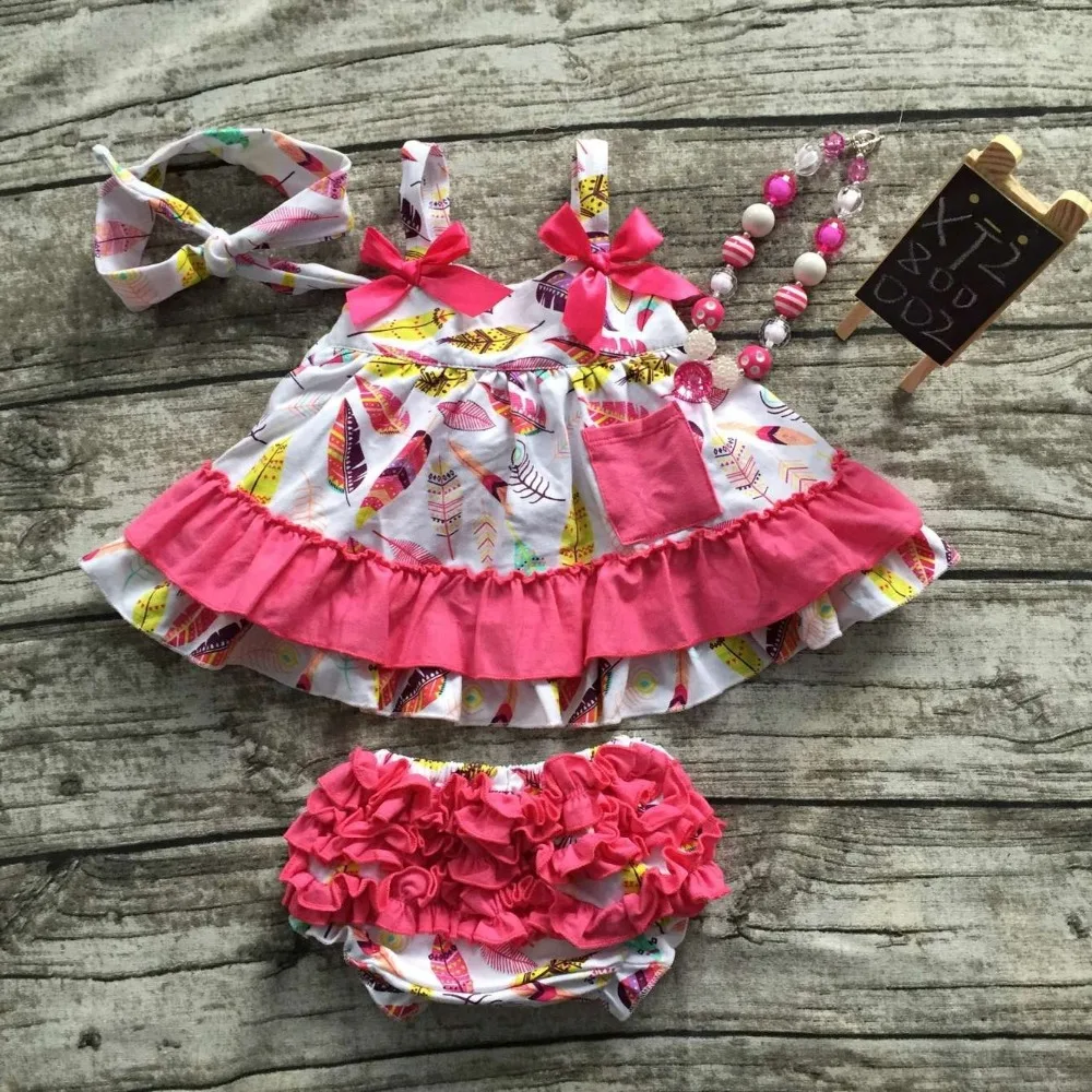 

summer baby girls new kids clothes suit hot pink feather tops swing outfits kids swing with matching headband and necklace