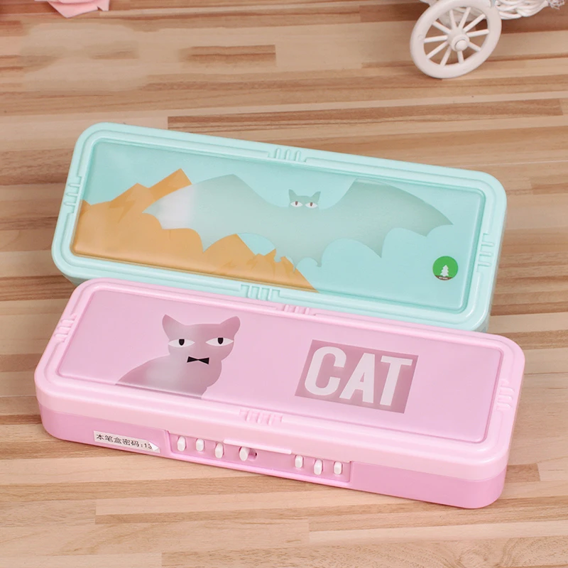 

1pc Light Color Animal Pencil Case Coded Lock Plastic Two Layer Large Capacity Boys and Girls Gift Pen Case School Stationery
