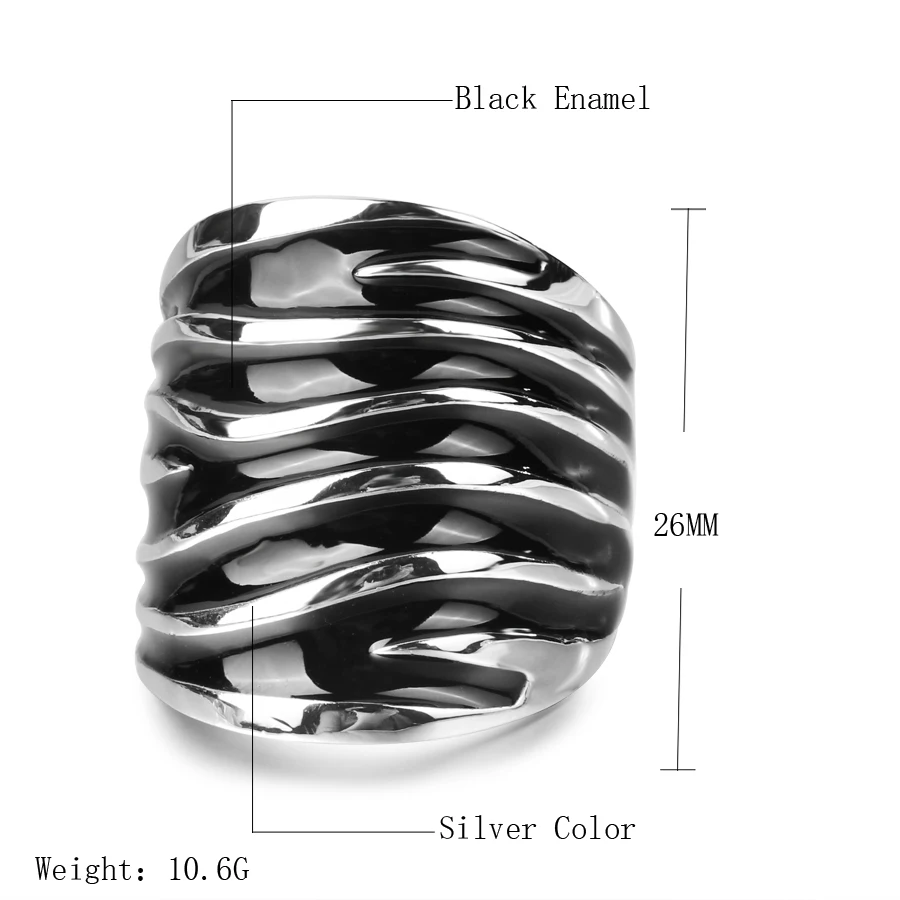 Kinel-Unique-Punk-Rock-Black-Enamel-Big-Ring-Fashion-Wave-Pattern-Silver-Color-Women-Jewelry