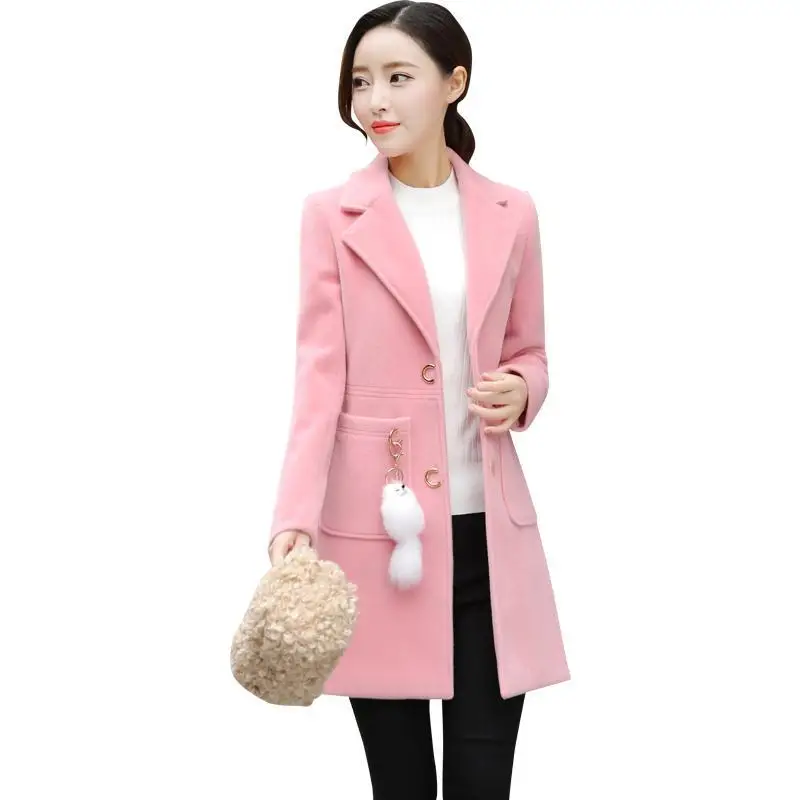 

2019 Women long solid wool coat slim full sleeve pockets single breasted spring and autumn office lady