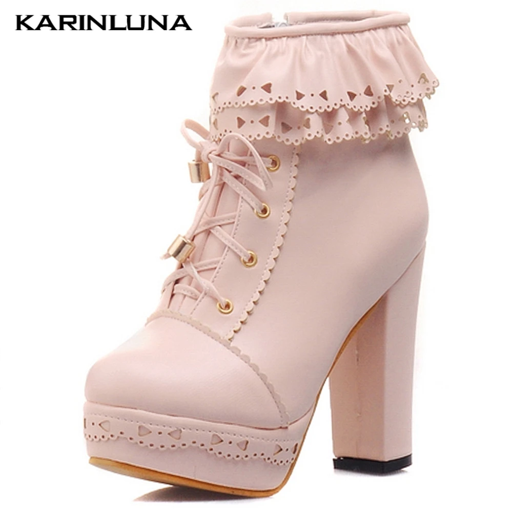 

Karinluna Ladies Ankle Boots Women Sweet Lace Lolita Lovely Cosplay Platform Ladies High Heels Boots Woman Shoes Large Size 48