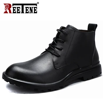 

REETENE 2018 New Men Boots Winter Black Leather Fur Men'S Boots Warm Ankle Boots Men High Quality Leather Autumn Men Shoes 38-49