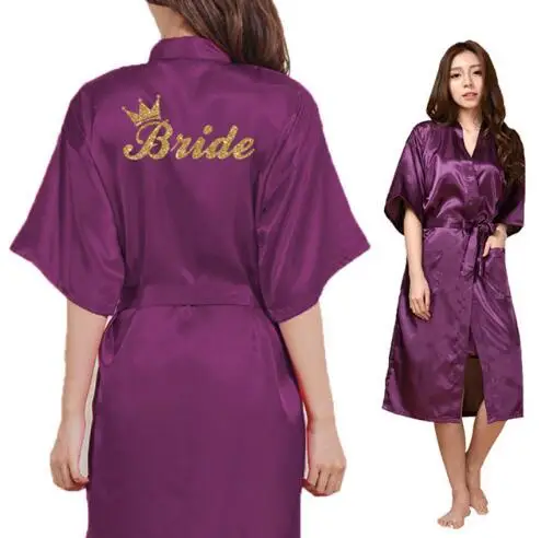 Bride Crown Team Bride Golden Glitter Print Long Section Kimono Robe Women Bachelorette Wedding Faux Silk Robe