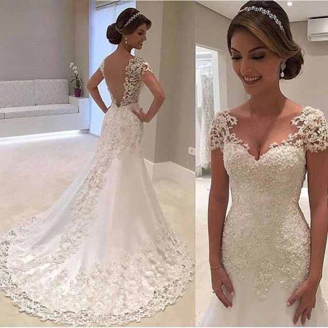 

Charming Sweetheart Beaded Lace Wedding Gowns 2018 Backless Cap Sleeve Ivory robe de mariage Mermaid Wedding Dresses