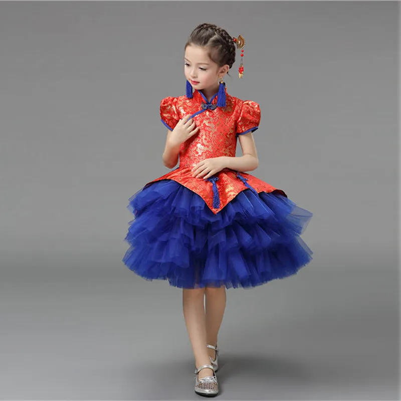 Дети народная музыка играть девушка guzheng синий ребенок китайский Новогодняя одежда традиционное платье современный Ципао китайский Халат - Цвет: Hubble bubble sleeve