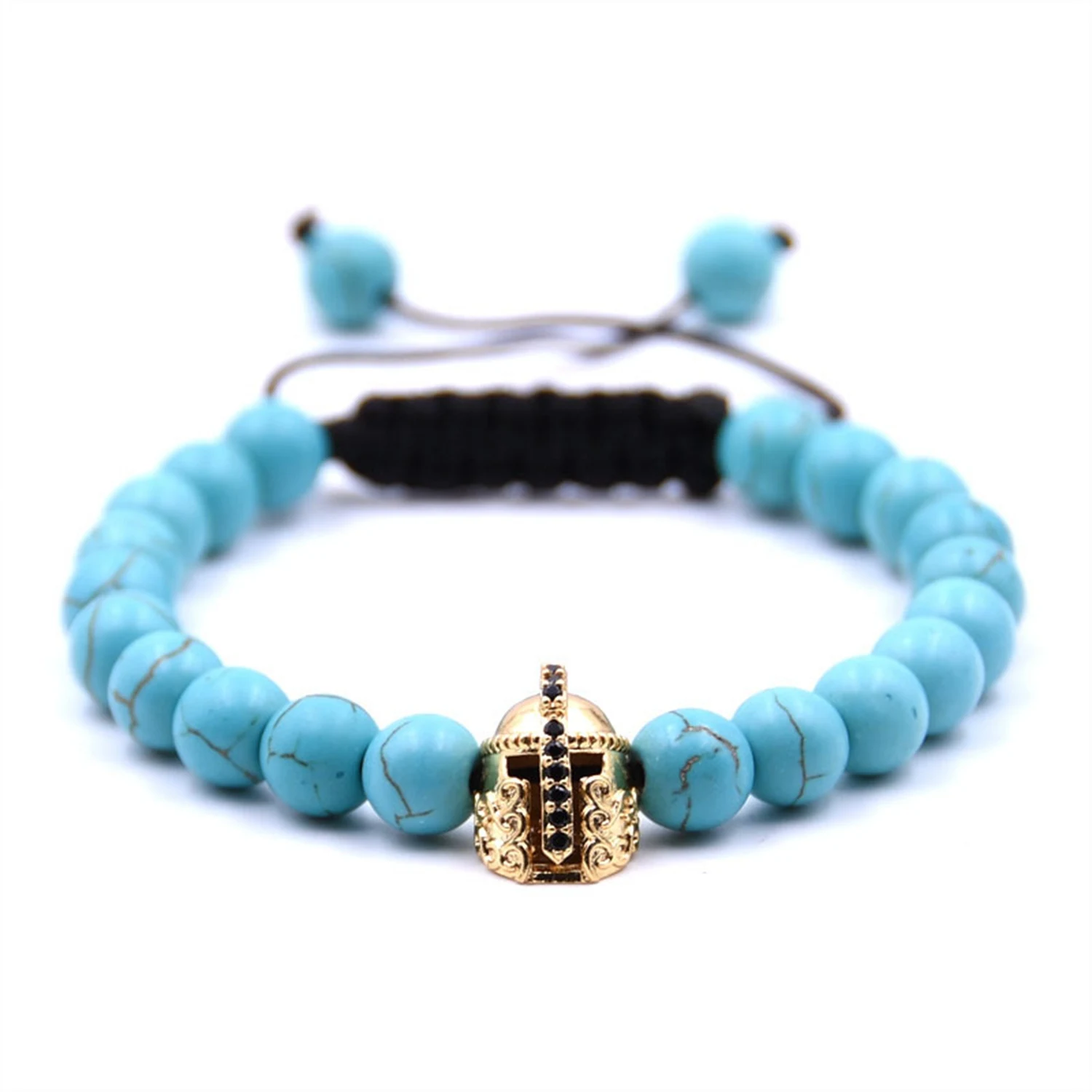 10PCS/LOT Gold Roman Knight Spartan Warrior Gladiator Helmet Bracelet Stone Bead Bracelets Bangle For Men Jewelry