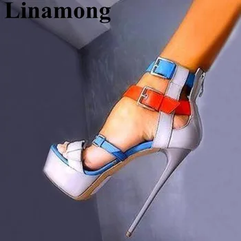 

2019 Summer Fashion Platform Three Color Mixed Color Open Toe And Thin High Heel Buckle Strap Shoes Sexy Women Sandals