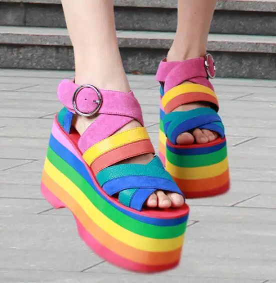 

Summer New Colorful Gladiator Sandals Women 2017 Strap High Heels Wedges Dress Shoes Woman Rome Style Platform Sandals Botas