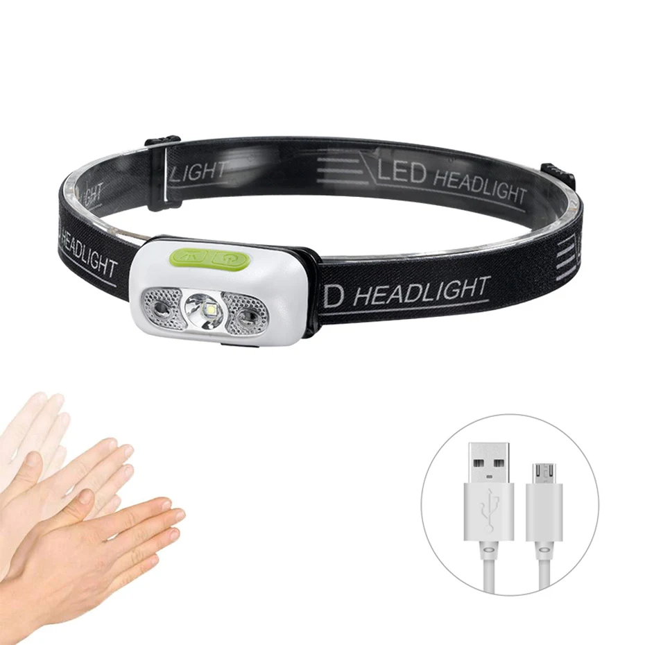

Rechargeable Mini LED Headlight Headlamp Body Motion Sensor Portable LED Head Lamp Flashlight Torch Lanterna with USB Charger