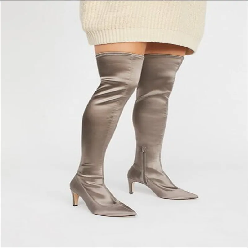 

2017New Style Silk leather over the knee Sewing thigh high boots spike heel stretch Knight Long boots Sexy Party Women shoes